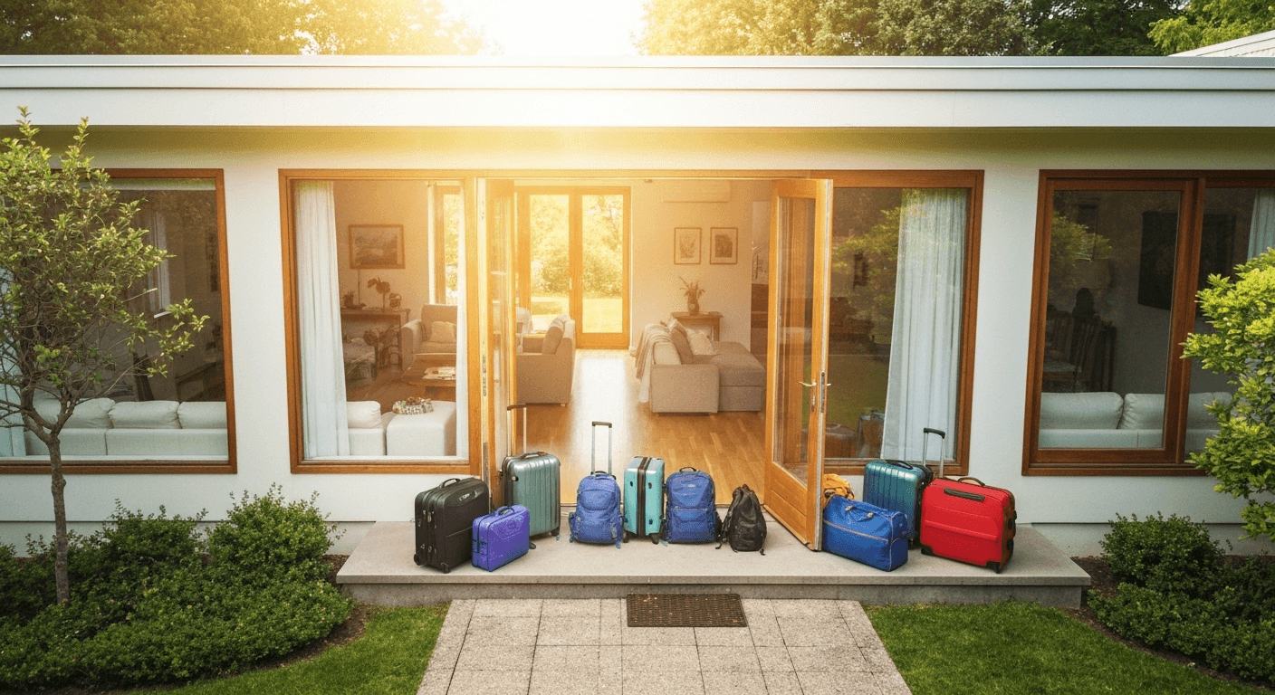 Open home with luggage representing freedom tension. Open home with luggage representing freedom tension.