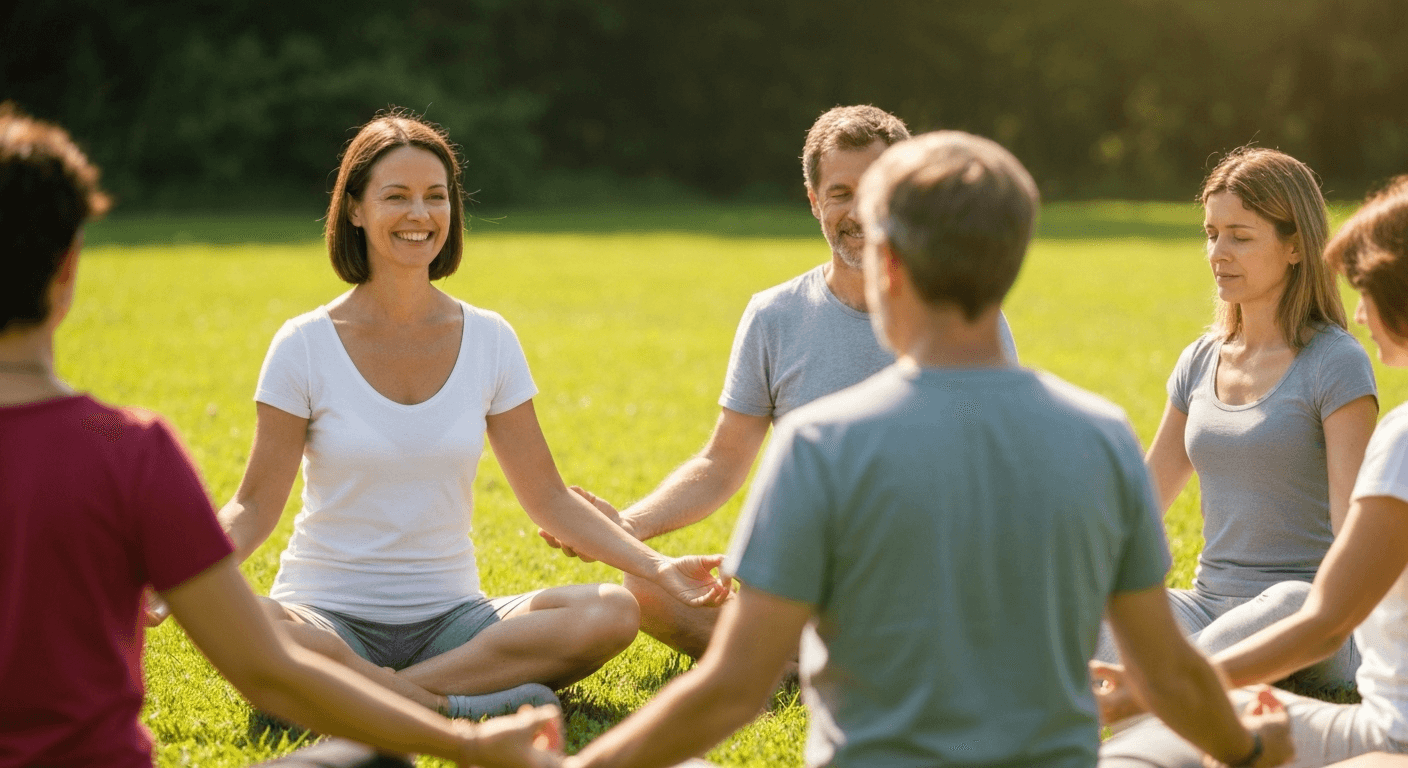 People meditating in circle outdoors together peacefully. People meditating in circle outdoors together peacefully.
