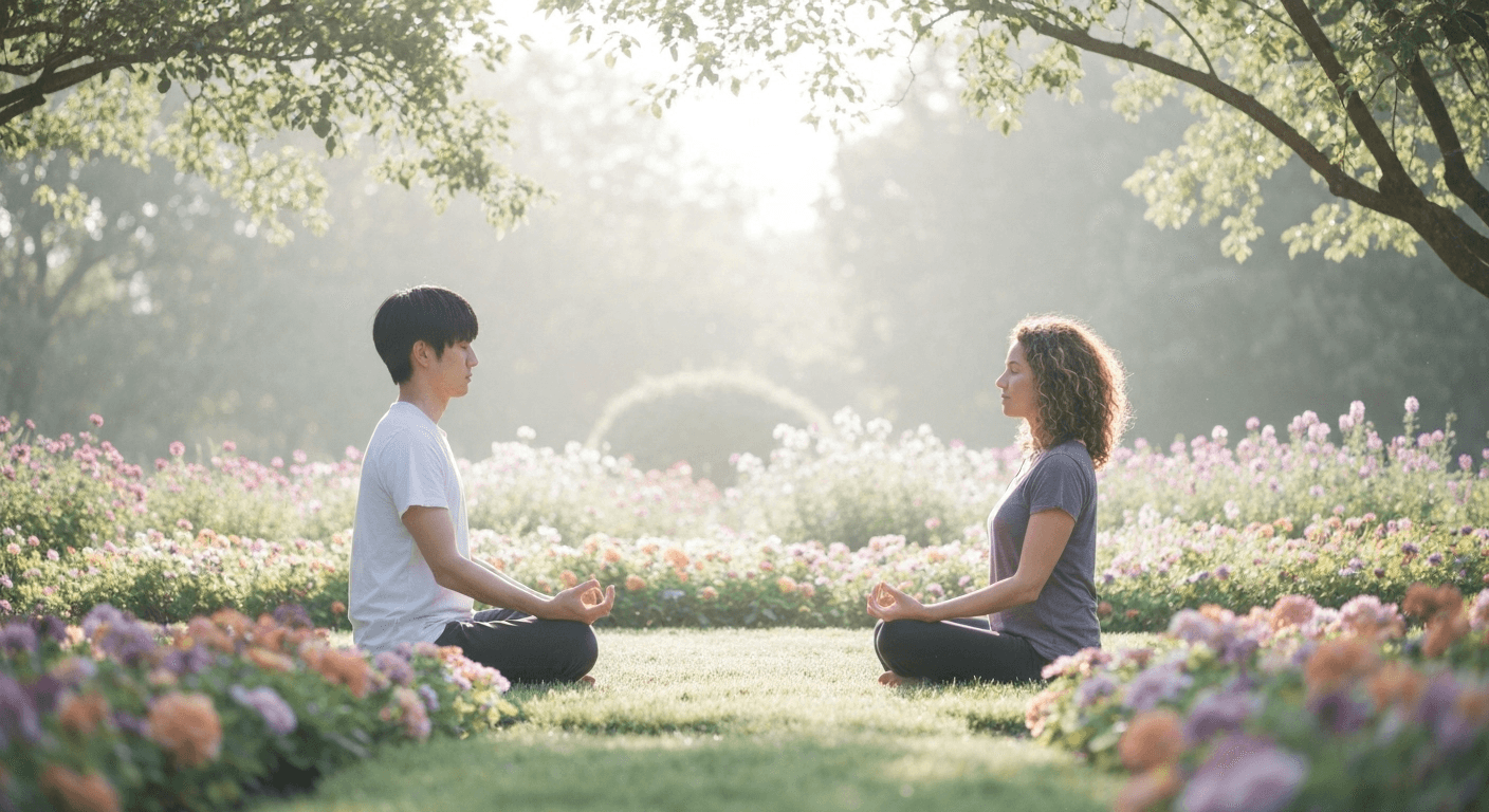 Two people meditating together in serene garden. Two people meditating together in serene garden.