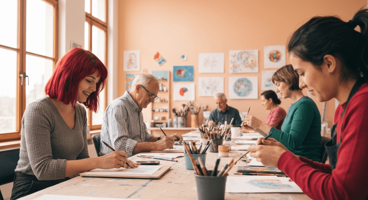 People sharing artwork in sunlit studio together. People sharing artwork in sunlit studio together.