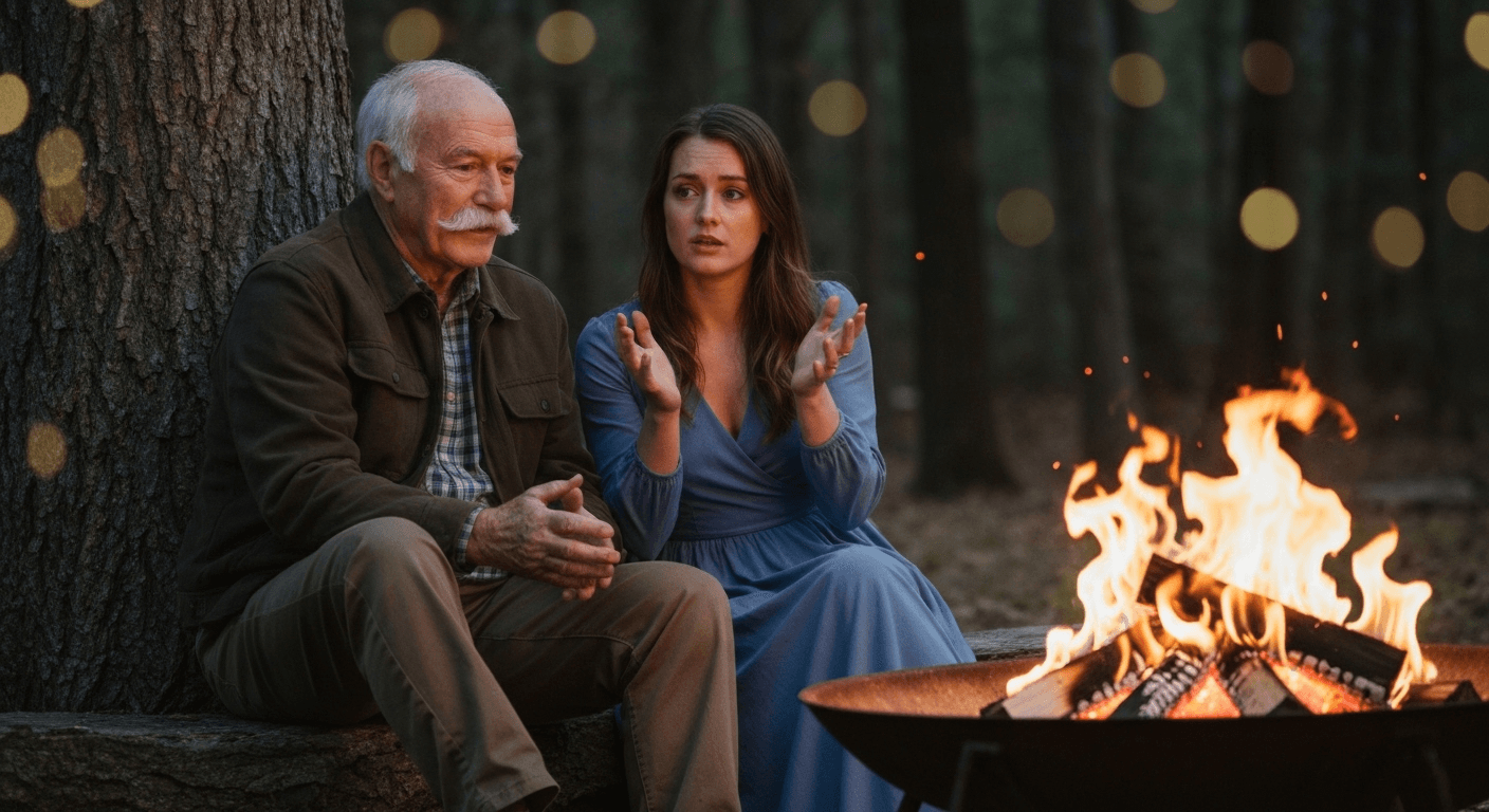 People sharing stories around cozy fire together. People sharing stories around cozy fire together.