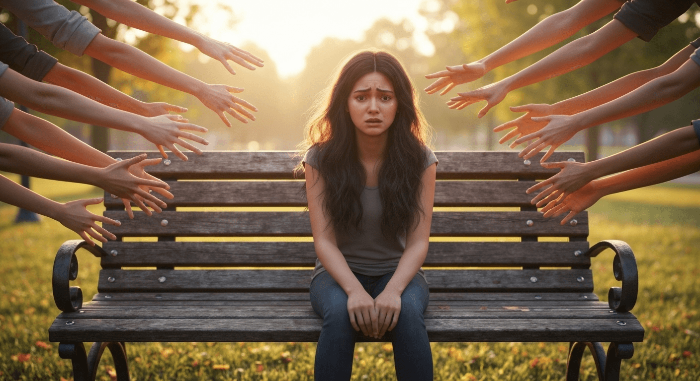 Person on bench surrounded by reaching hands. Person on bench surrounded by reaching hands.