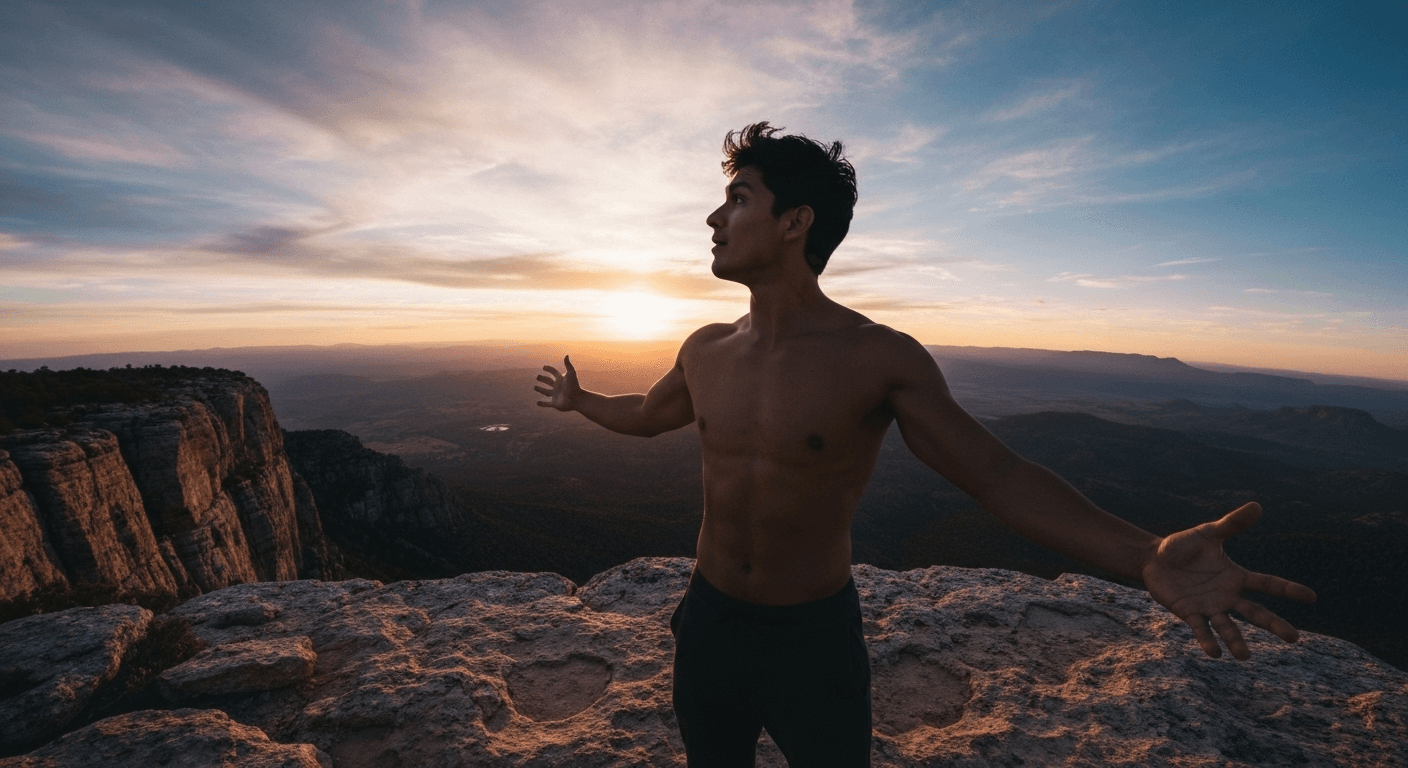 Person on cliff overlooking landscapes at sunset. Person on cliff overlooking landscapes at sunset.