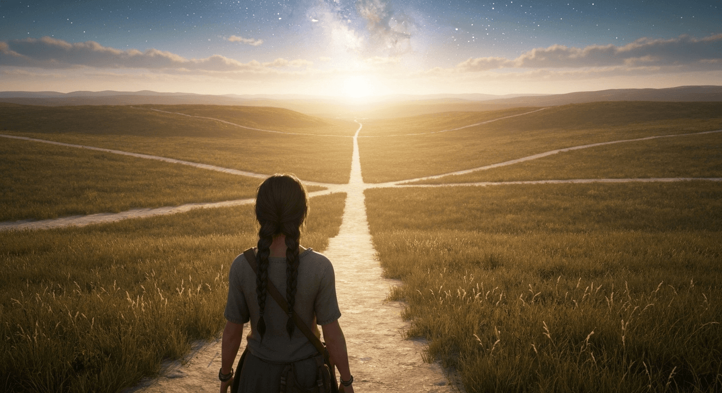 Person at crossroads with multiple paths ahead. Person at crossroads with multiple paths ahead.