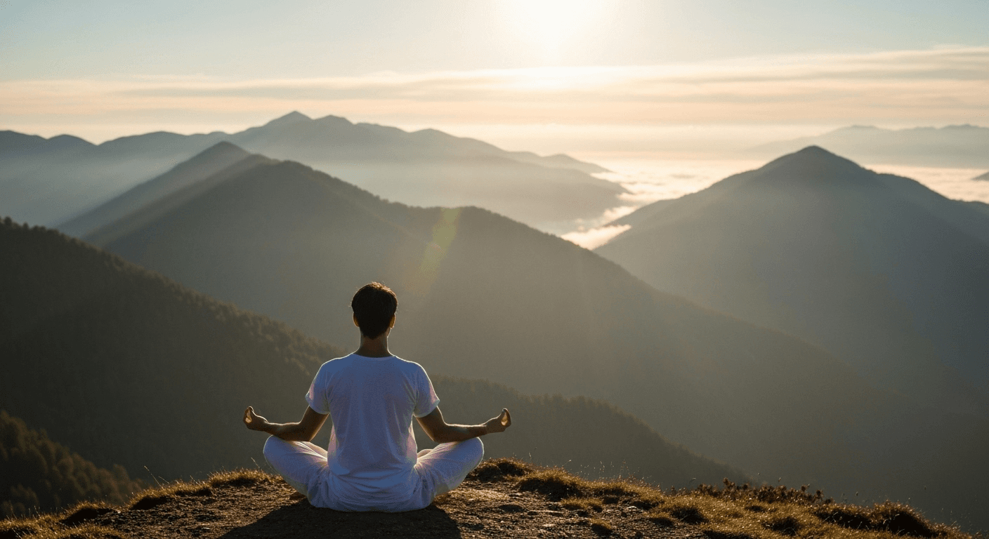 Person meditating on misty mountaintop at sunrise. Person meditating on misty mountaintop at sunrise.