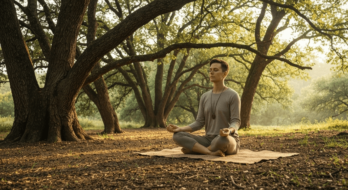 Person meditating peacefully among ancient trees, morning sunlight. Person meditating peacefully among ancient trees, morning sunlight.