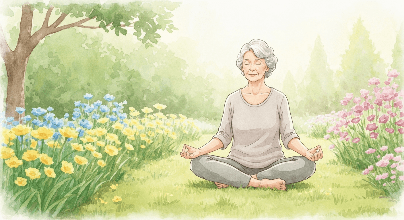 Person meditating in sunlit garden with flowers. Person meditating in sunlit garden with flowers.