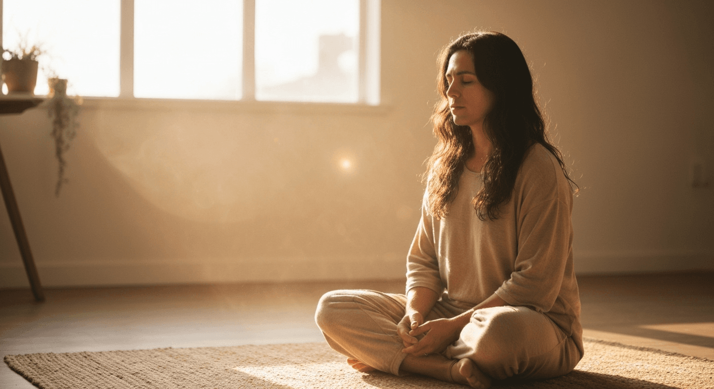 Person meditating surrounded by golden light glow. Person meditating surrounded by golden light glow.
