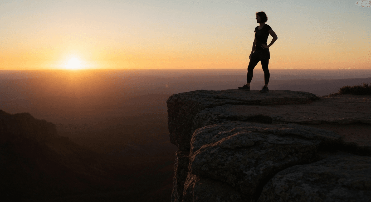 Person silhouette on cliff edge at sunset. Person silhouette on cliff edge at sunset.