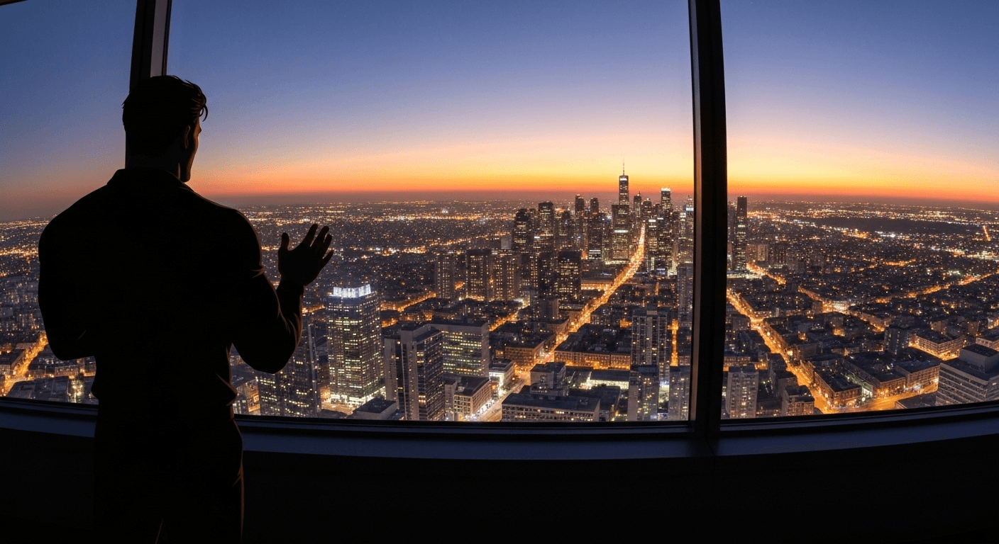 Person silhouette at window overlooking cityscape at dusk. Person silhouette at window overlooking cityscape at dusk.