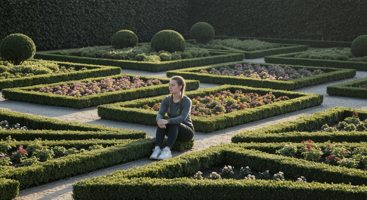 Person sitting in geometric garden, morning light. Person sitting in geometric garden, morning light.