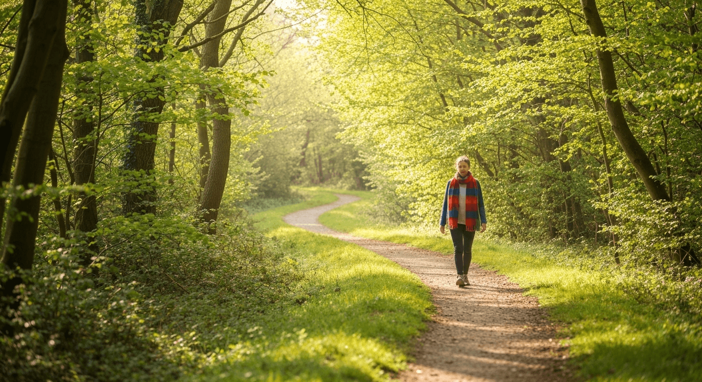 Person walking alone on winding forest path. Person walking alone on winding forest path.