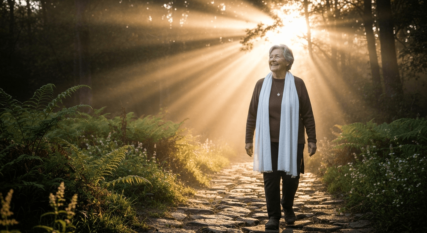 Person walking misty forest path at dawn. Person walking misty forest path at dawn.