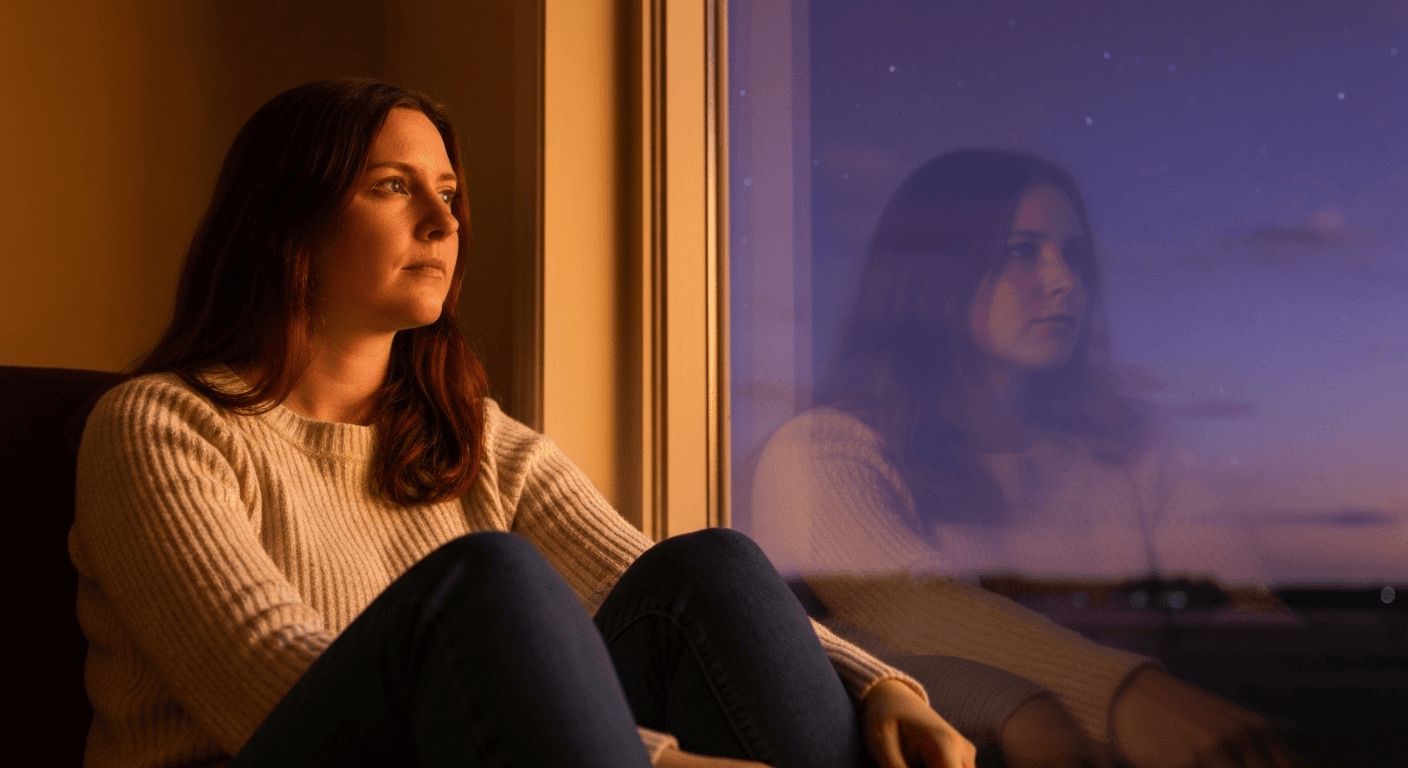 Person by window at twilight, warm light. Person by window at twilight, warm light.