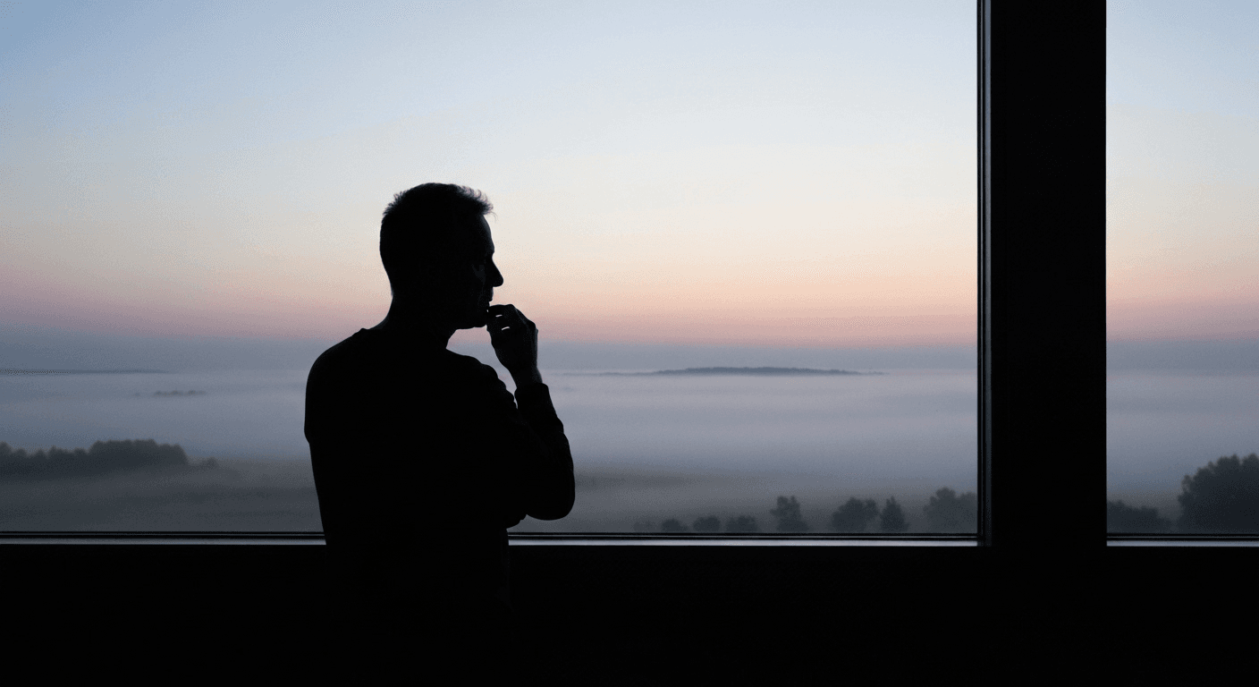 Silhouette figure at window overlooking misty dawn landscape. Silhouette figure at window overlooking misty dawn landscape.