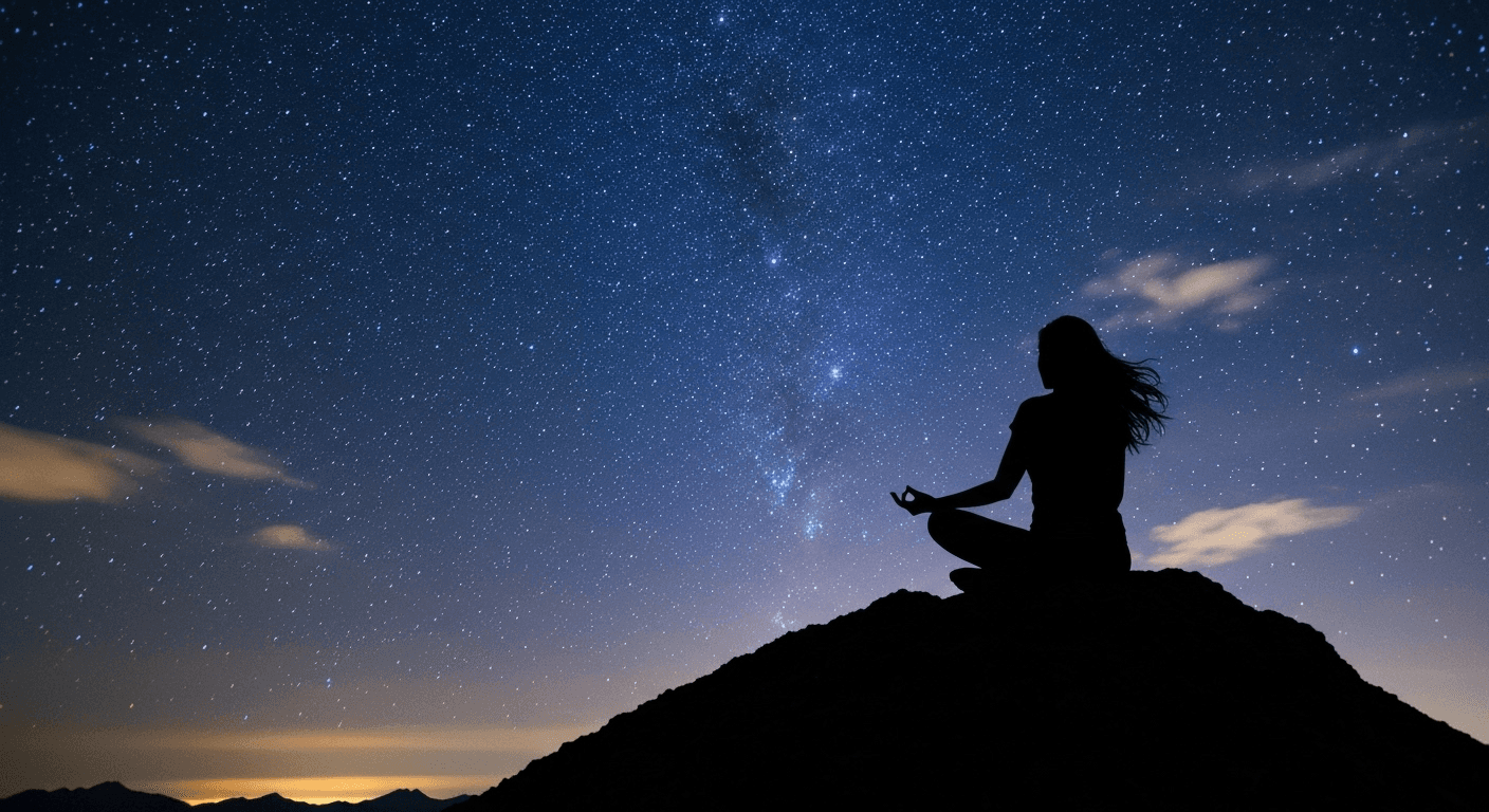 Silhouetted figure meditating on mountaintop under stars. Silhouetted figure meditating on mountaintop under stars.