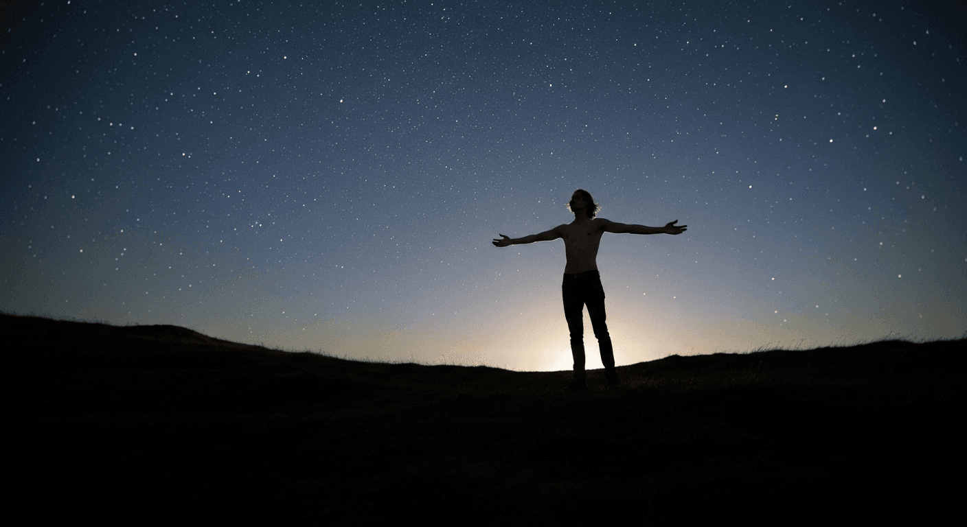 Silhouetted figure with outstretched arms under starry sky. Silhouetted figure with outstretched arms under starry sky.