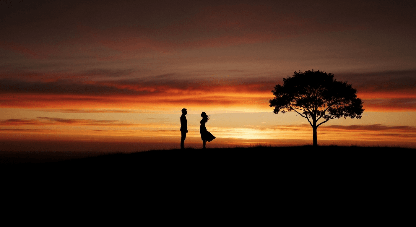 Two silhouettes on hilltop at sunset. Two silhouettes on hilltop at sunset.