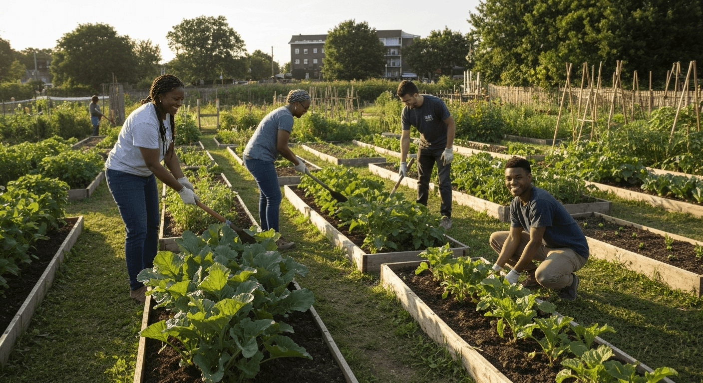 Volunteers working together in community garden, golden hour. Volunteers working together in community garden, golden hour.