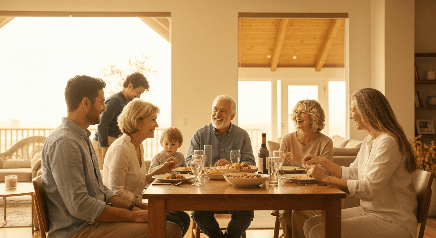 Warm family gathering around dinner table together. Warm family gathering around dinner table together.