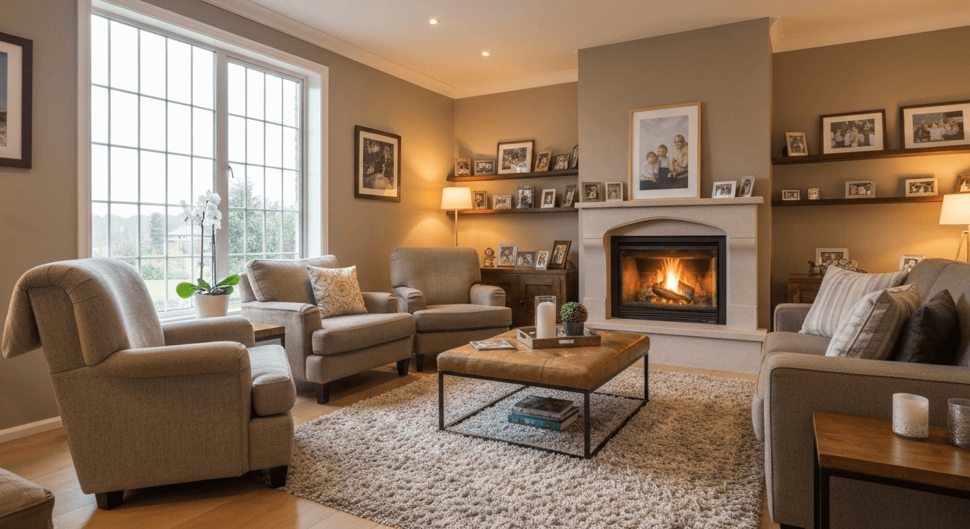 Warm living room with comfortable furniture, family photos. Warm living room with comfortable furniture, family photos.