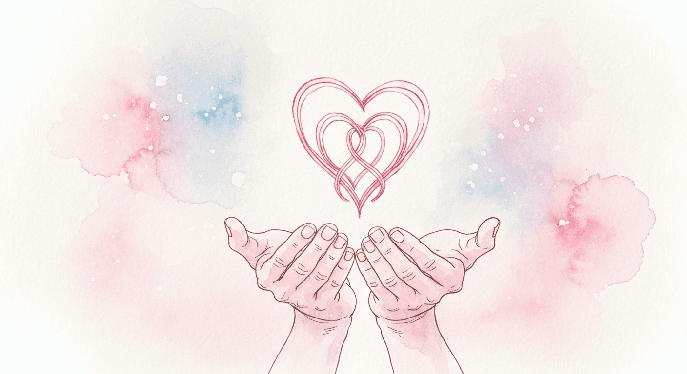 Watercolor hearts floating above cupped palms, pastels. Watercolor hearts floating above cupped palms, pastels.