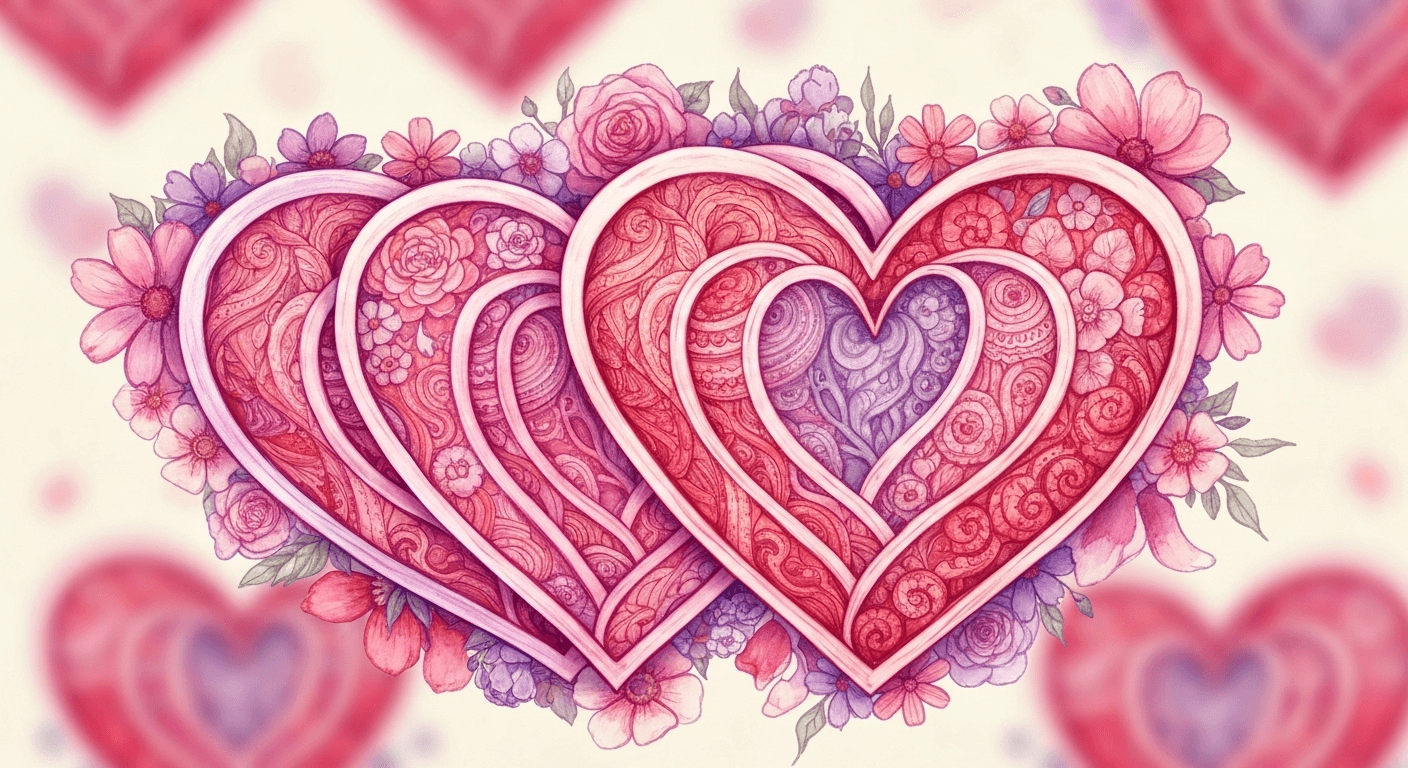 Watercolor intertwined hearts with delicate flowers surrounding. Watercolor intertwined hearts with delicate flowers surrounding.