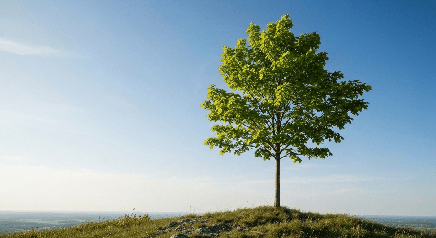 Young tree alone on hilltop against sky. Young tree alone on hilltop against sky.