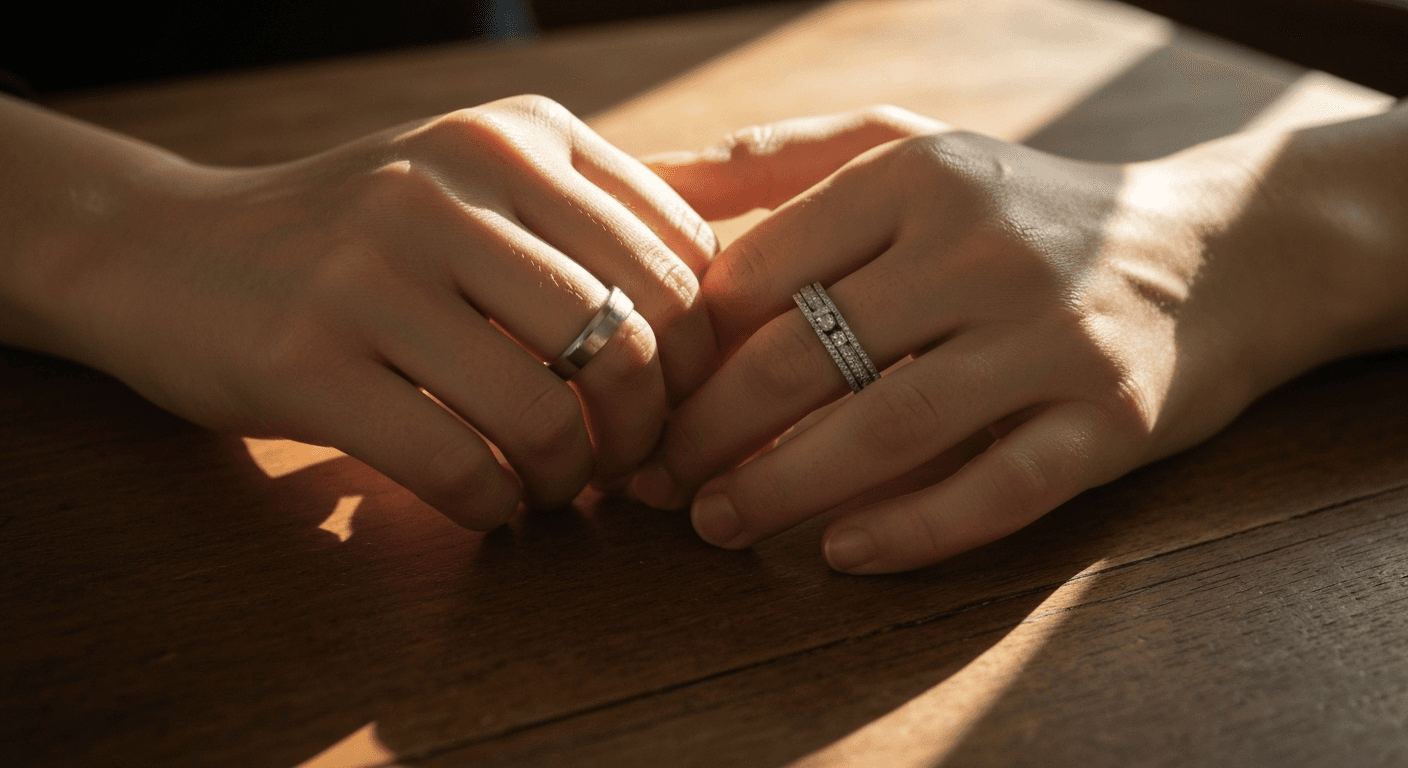 Intertwined hands with wedding rings on table. Intertwined hands with wedding rings on table.