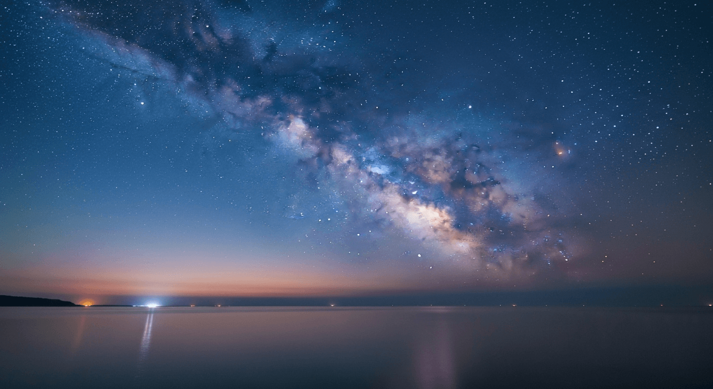 Starlit ocean horizon with visible milky way galaxy. Starlit ocean horizon with visible milky way galaxy.