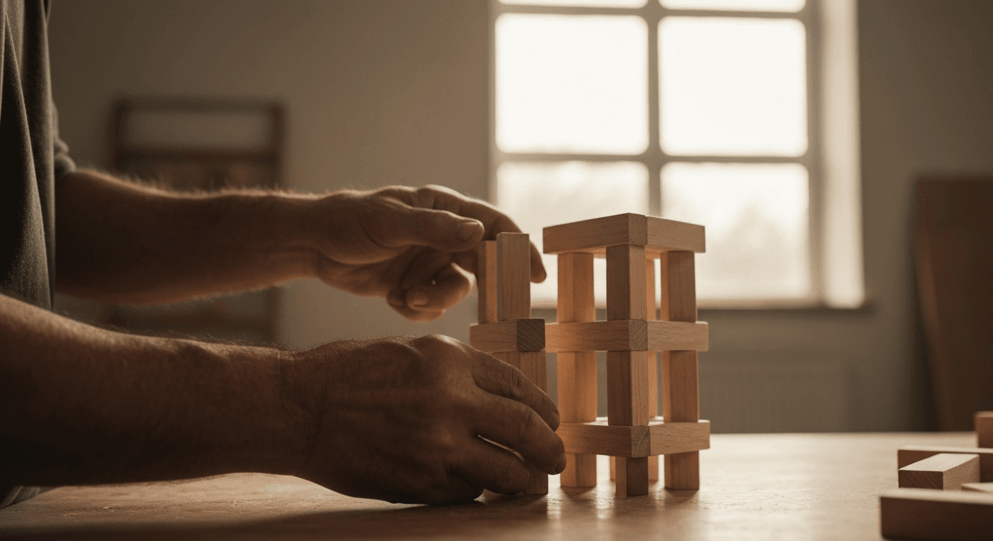 Weathered hands balancing wooden blocks into tower. Weathered hands balancing wooden blocks into tower.