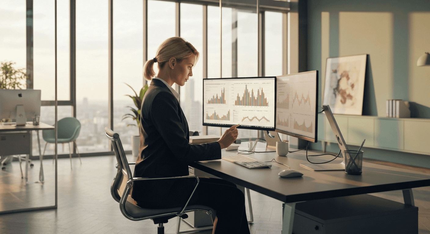 Woman reviewing financial charts on multiple monitors. Woman reviewing financial charts on multiple monitors.
