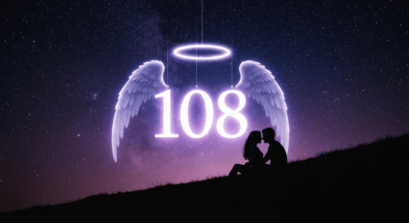 Angel number 108 glowing above embracing couple silhouettes. Angel number 108 glowing above embracing couple silhouettes.