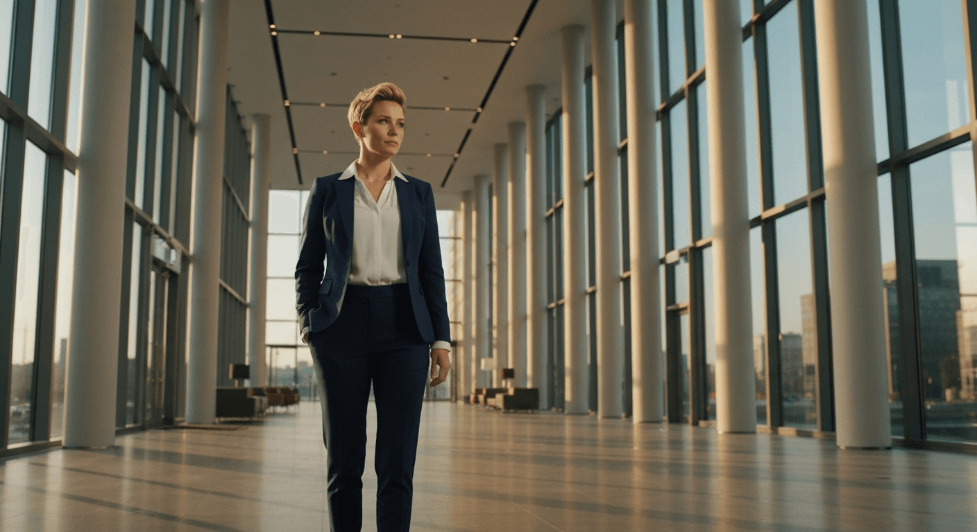 Businesswoman in glass lobby at golden hour. Businesswoman in glass lobby at golden hour.