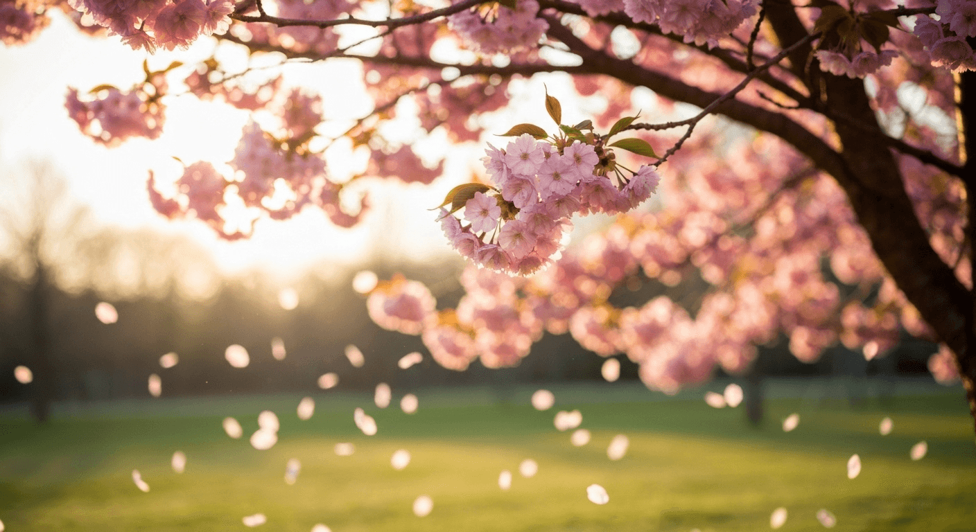 Cherry tree with pink petals in sunlight. Cherry tree with pink petals in sunlight.