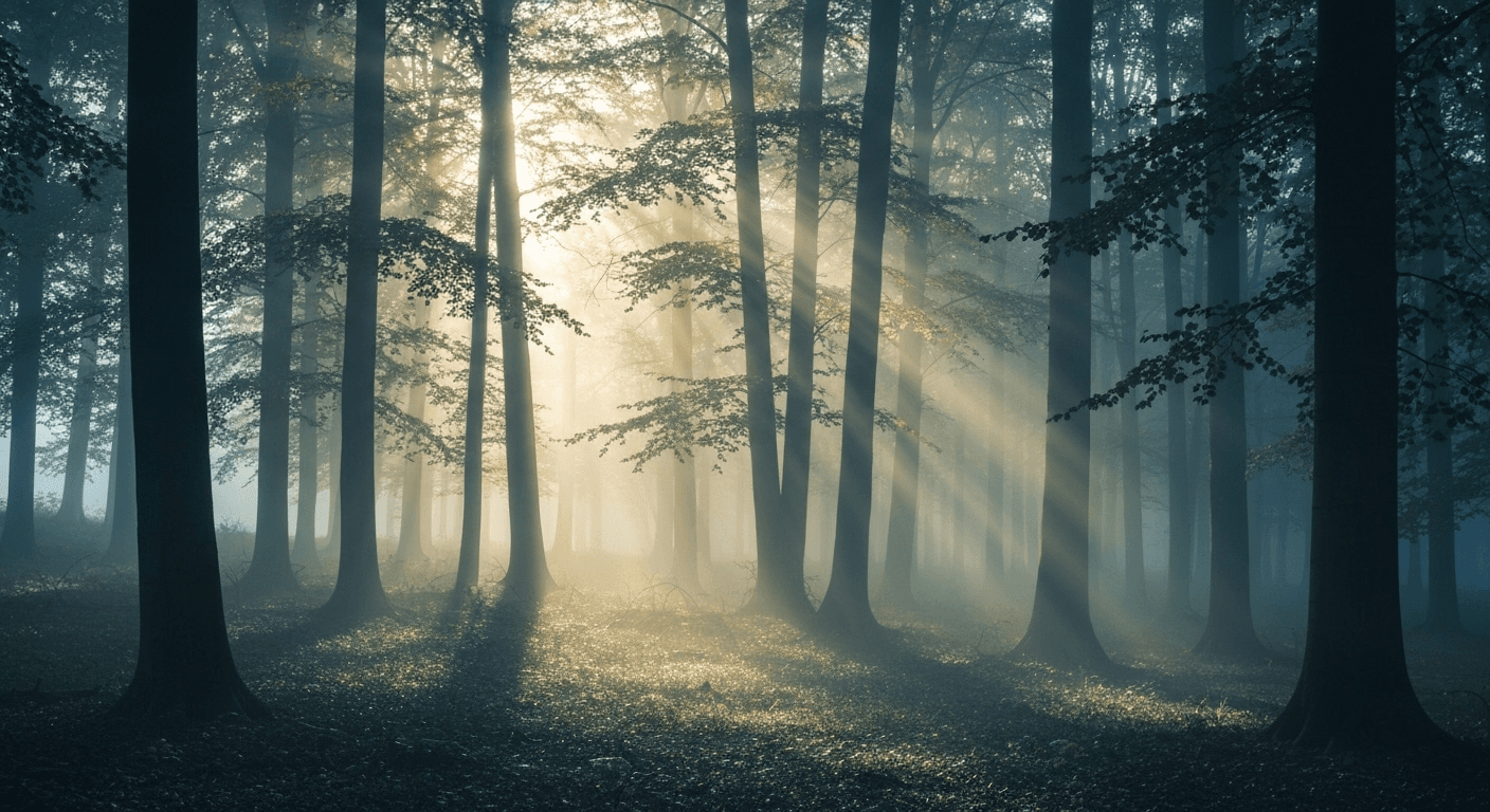 Forest with morning mist and light beams. Forest with morning mist and light beams.