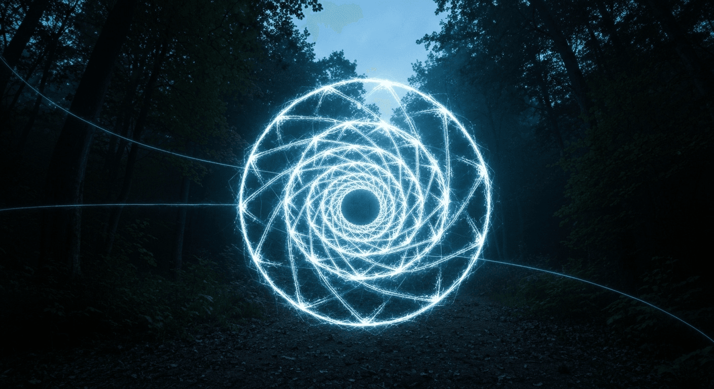 Glowing geometric mandala against dark forest backdrop. Glowing geometric mandala against dark forest backdrop.