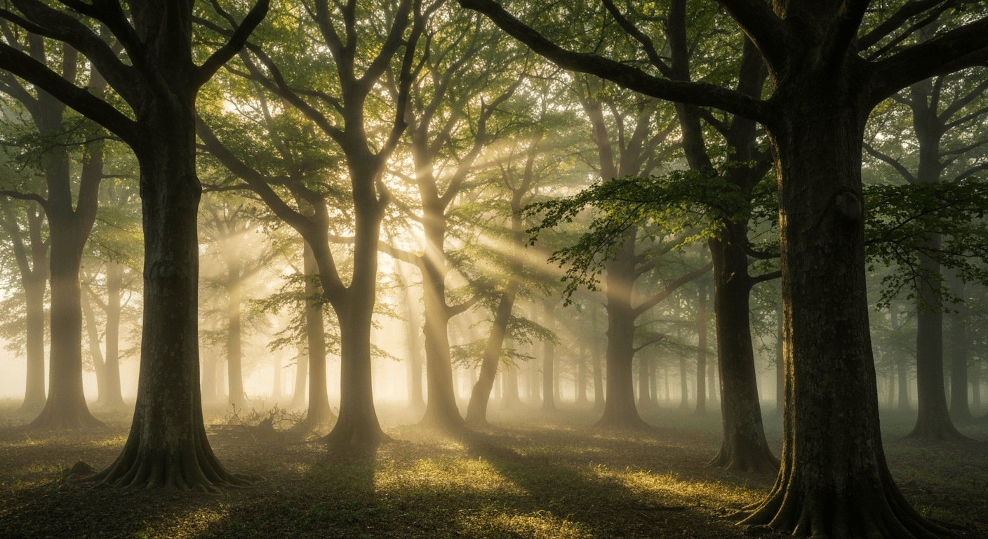 Golden sunrise through misty ancient forest canopy. Golden sunrise through misty ancient forest canopy.