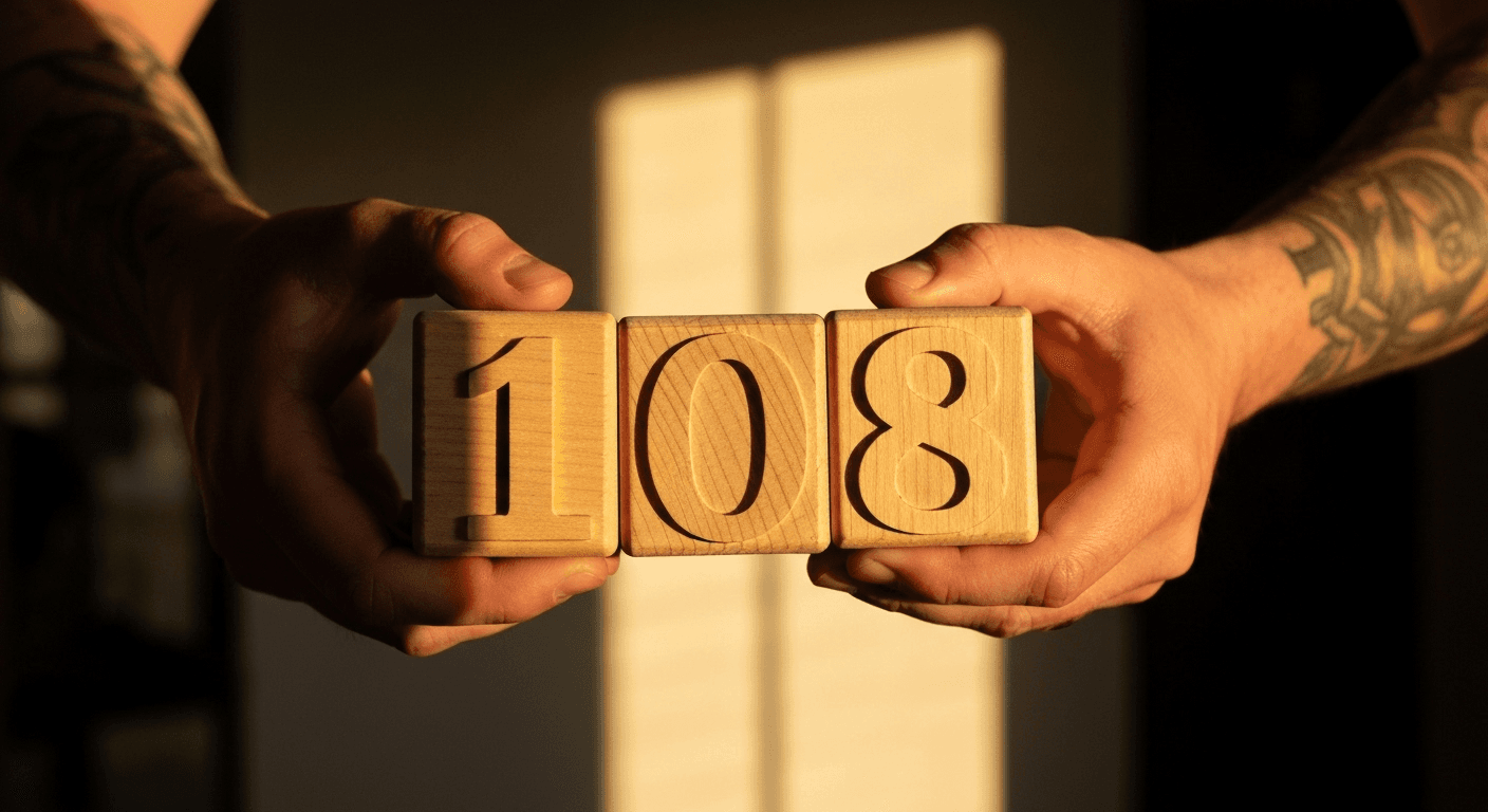 Hands holding wooden blocks showing 108. Hands holding wooden blocks showing 108.