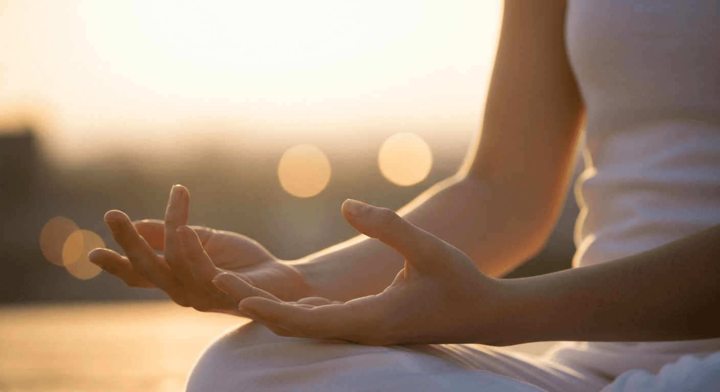 Hands in meditation mudra during golden hour. Hands in meditation mudra during golden hour.