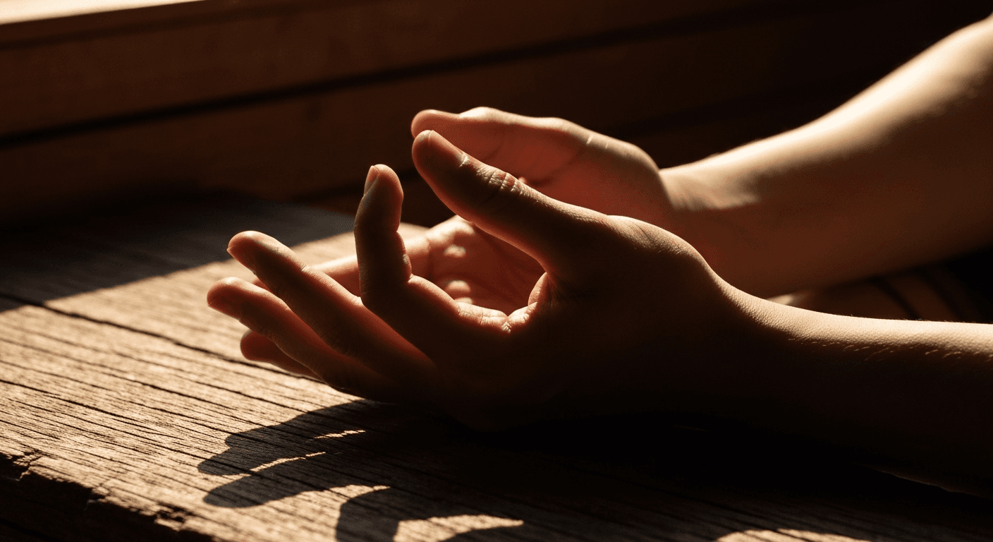 Hands in meditation pose on weathered wood. Hands in meditation pose on weathered wood.