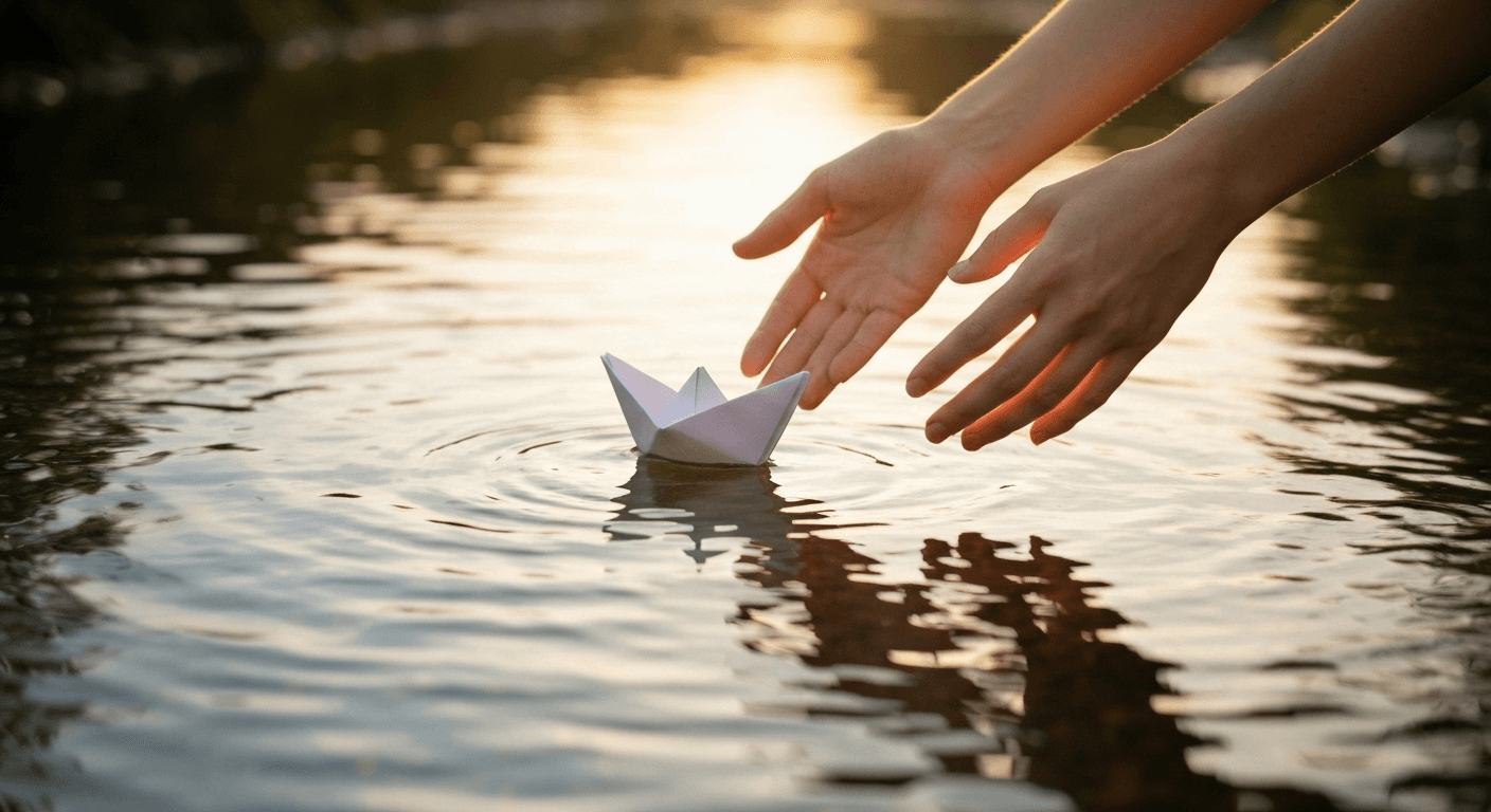Hands releasing paper boat into flowing water. Hands releasing paper boat into flowing water.