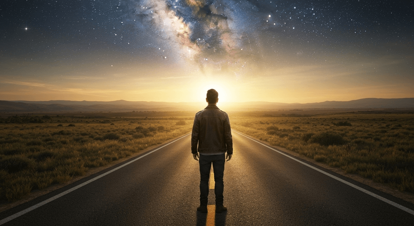 Person at crossroads under starry golden sky. Person at crossroads under starry golden sky.