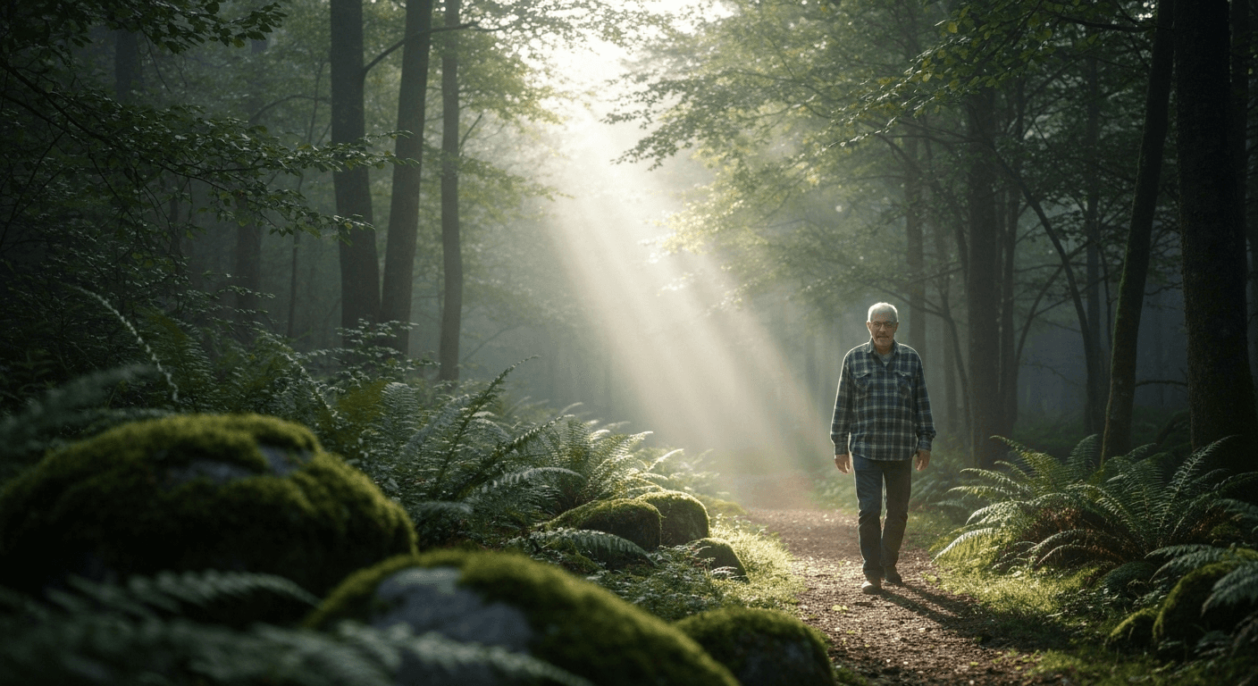 Person walking misty forest path at dawn. Person walking misty forest path at dawn.