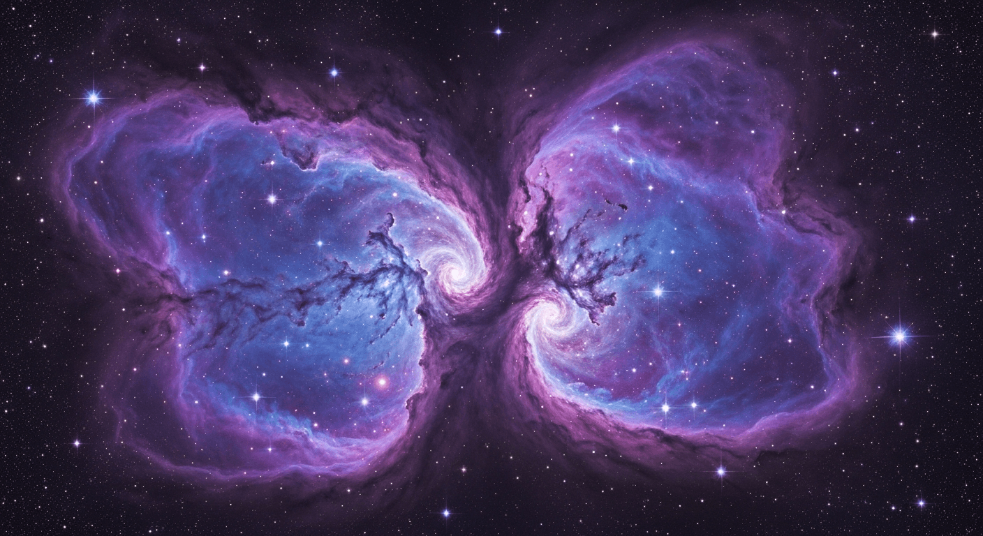 Photorealistic nebula clouds swirling purple blue hues. Photorealistic nebula clouds swirling purple blue hues.