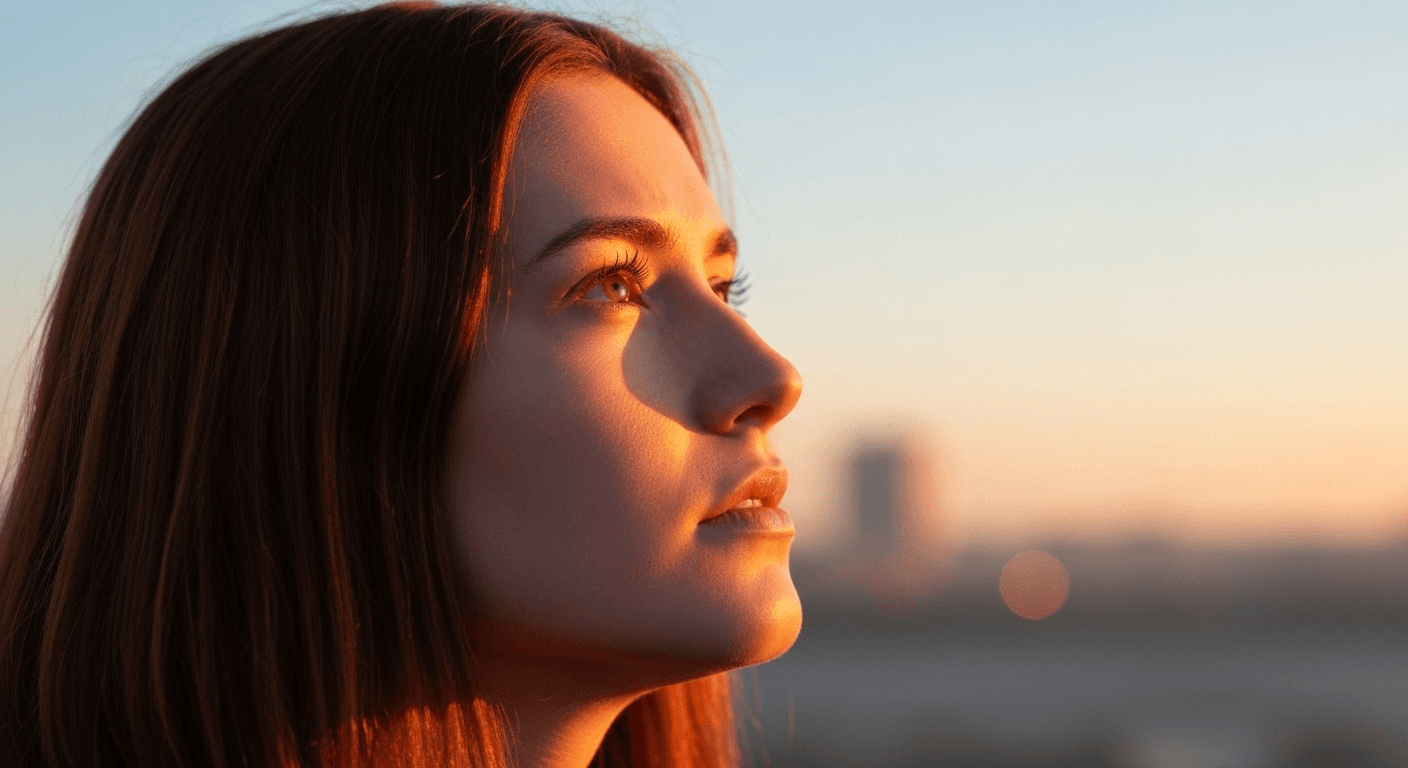Profile of person gazing upward at dawn. Profile of person gazing upward at dawn.