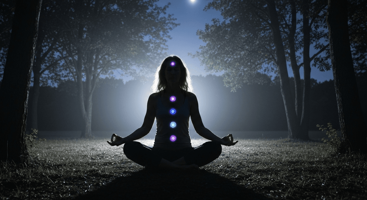Silhouette meditating under moonlight with glowing chakras. Silhouette meditating under moonlight with glowing chakras.