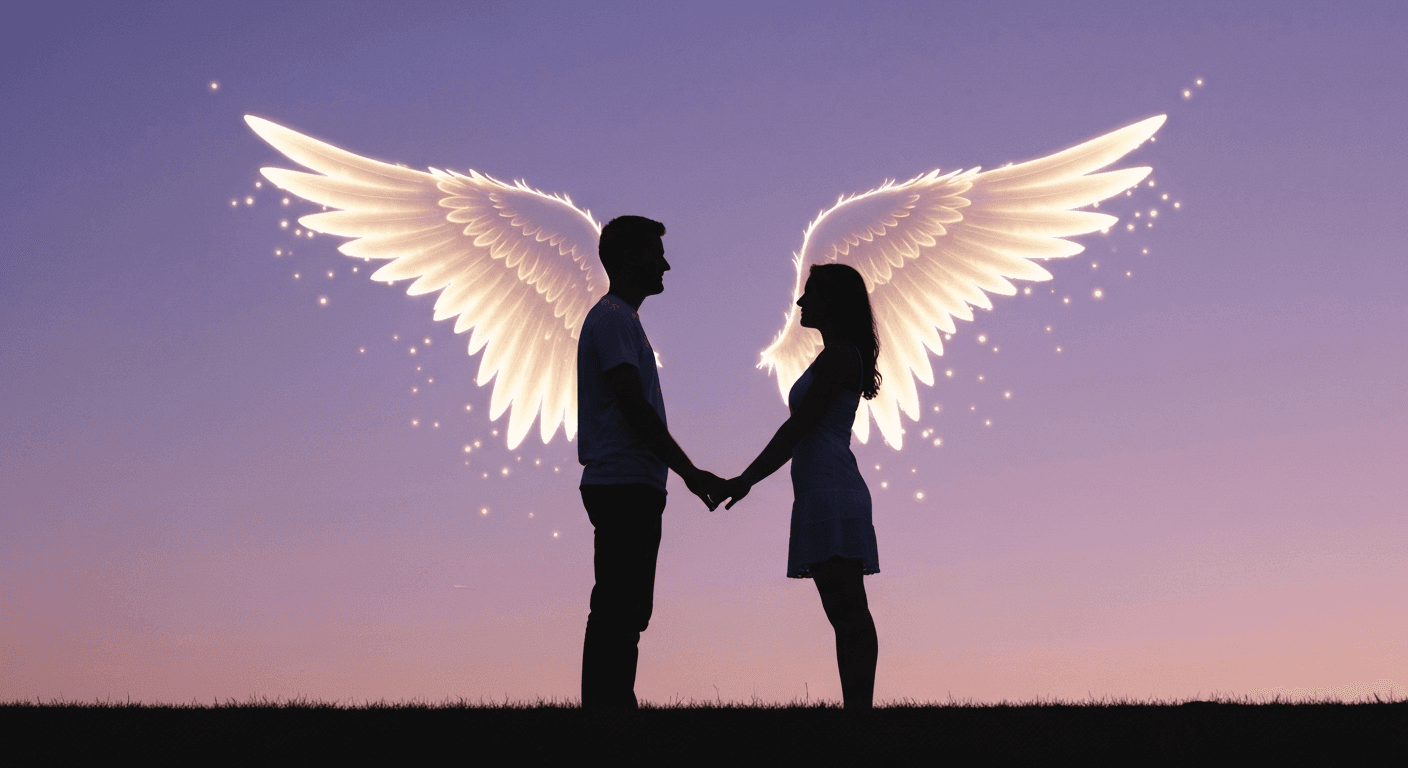 Silhouetted couple under twilight with golden angel wings. Silhouetted couple under twilight with golden angel wings.