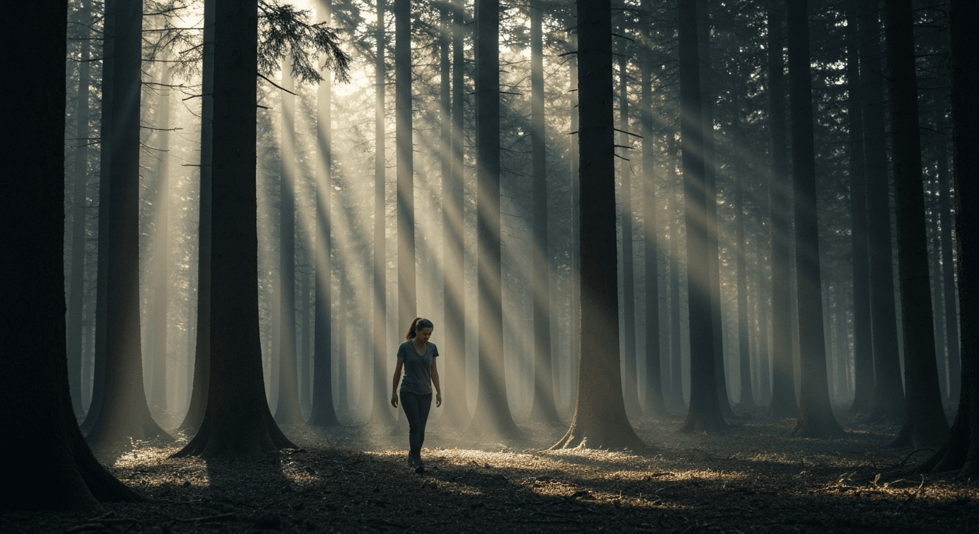 Solitary figure walking through sunlit ancient forest. Solitary figure walking through sunlit ancient forest.