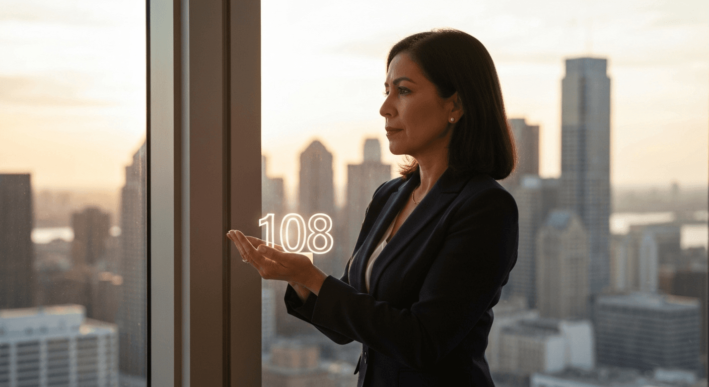 Woman holding glowing number 108 at office window. Woman holding glowing number 108 at office window.